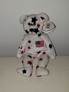Ty White Plush Bear with Red and Blue Stars
